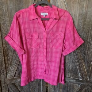 Liberty Lane Shirt Women's Size XXL Hot Pink Plaid Short Sleeve Button Up Collar
